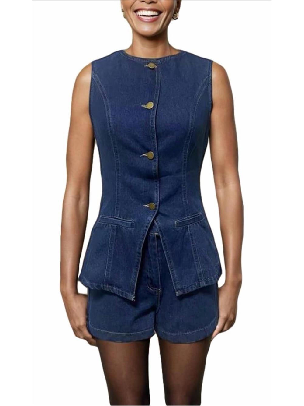 Somthron Denim Two Piece Outfit Set - Button Down Blazer Vest and Jean Shorts